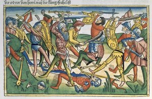I Samuel 28 1-2 Filistealaisten sota Israelia vastaan, Nürnbergin Raamatusta (Biblia Sacra Germanaica) (värillinen puupiirros) tekijältä German School