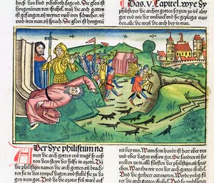 I Samuel 5:1-11 Filistealaiset valtaavat arkin ja rutto iskee Nürnbergin Raamatusta (Biblia Sacra Germanaica) (värillinen puupiirros)
