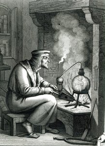 Goethes Faustin kuvitus, joka kuvaa Mefistofelesta luomassa homunculusta, 1854 tekijältä German School