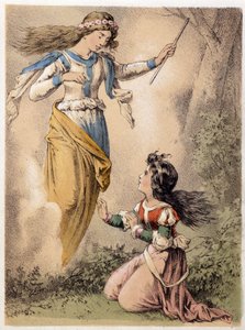 Kuvitus Franz Hoffmannin tarinoista "" Tarinoita ja taruja - 3 lahjaa"": sadun toteuttama toive. 1800-luvun kromolitografia. tekijältä German School