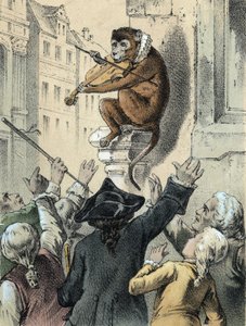 Kuva Franz Hoffmannin tarinoista "" Tales and Fables - The Apina ja viulu"": apina soittaa viulua yleisön edessä. 1800-luvun kromolitografia. tekijältä German School