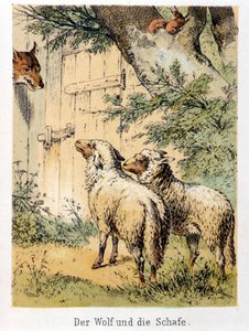 Kuva Franz Hoffmannin tarinoista "" Tarinoita ja taruja - Susi ja lammas"": susi keskustelee kahden lampaan kanssa. 1800-luvun kromolitografia. tekijältä German School