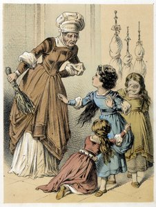 Kuva Franz Hoffmannin tarinoista "" Tales et Fables - Les 3 Gifts"": nainen pahoinpiteli kolmea tyttöä. 1800-luvun kromolitografia. tekijältä German School
