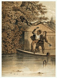 Kuva eurooppalaisten Amazon-joen valloituksesta. "De Bootslieden der Amazon-River", Karl Muller, Alankomaat tekijältä German School