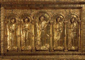 Balen katedraalin alttarin edessä Benching Christin, kolmen arkkienkelin (Michael, Gabriel ja Raphael) ja pyhä Benedict of Nursie ympärillä ja hänen jalkojensa juuressa keisari Henrik II sanoi Pyhän (973-1024) ja Tee vaikutus Cunegondeen (975-103 tekijältä German School