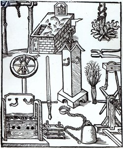 Teloitus-, rangaistus- ja kidutusvälineet, kuvitus Bamberger Halsgerichtistä, 1507 tekijältä German School