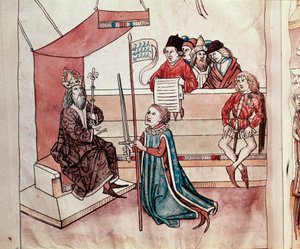 Ritarin vihkiminen. Miniatyyri Ulrich Richentalin (1360-1437) "Konstanz kirkolliskokouksen kronikoista" 1438 suunnilleen Praha, kansalliskirjasto tekijältä German School