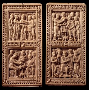 Dagulf Psalterin norsunluiset siteet: David, Saint Jerome. Kaarle Suuri tilasi sen kirjuri Dagulille (tai Dagulfelle) paavi Adrien I:lle. 800-luvun loppu. Aix la Chapellesta. Pariisi, Louvre-museo tekijältä German School