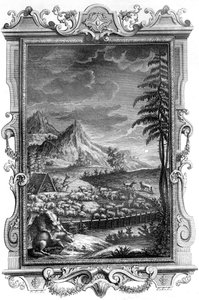 Jaakob, uskollinen paimen, suojelemassa lammaslaumaansa susien hyökkäyksiltä, 1731 (kuparikaiverrus) tekijältä German School