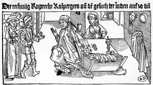 Juutalainen rahalainaaja perheineen vastaanottamassa asiakkaita, 1491 (puukaiverrus) tekijältä German School