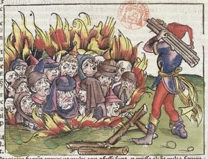 Roviolla poltetut juutalaiset, Hartmann Schedelin (1440-1514) Nürnbergin kronikasta, 1493 (värillinen puupiirros) tekijältä German School