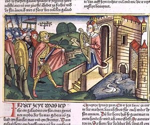 Tuomarit 11 29-40 Jeftan tytär tervehtii isäänsä, "Nürnbergin Raamatusta (Biblia Sacra Germanaica)" (värillinen puupiirros) tekijältä German School