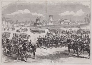 Saksan keisari Wilhelm I katsomassa armeijan paraatiaan Longchampissa, Pariisissa, Ranskassa, maaliskuu 1871 (kaiverrus) tekijältä German School