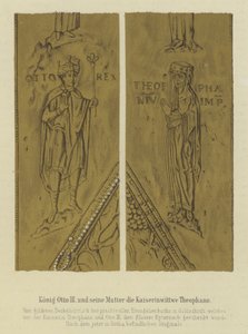 Kuningas Otto III ja hänen äitinsä Theophania, Otto II:n keisarinna puoliso, Pyhän Rooman keisari (väri litho) tekijältä German School