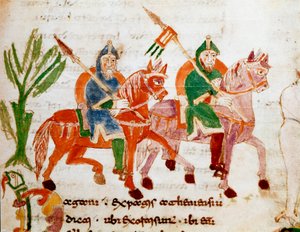 Ritarit hevosineen Miniatyyri Rabanus Maurus Magnentiuksen (tai Raban Maurin tai Raban Mauron, n. 780-856) käsikirjoituksesta "" Universumista" tai "" Asioiden luonnosta"". 9. vuosisadalla. Mount Cassin Abbeyn arkisto tekijältä German School