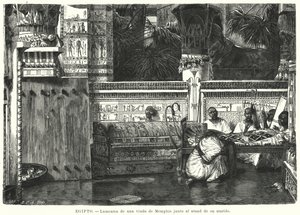 Lesken itku miehensä arkun vieressä Memphisissä, muinaisessa Egyptissä (litho) tekijältä German School