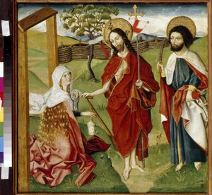 Kristus, Maria Magdaleena ja pyhä Barthelemy (tai Natanael, apostoli) (Kristus, Maria Magdaleena ja pyhä Bartolomeus). Voi olla esitys ""Noli me tangeresta"": näystä ylösnousseesta Kristuksesta Pyhässä Magdalan Mariassa. Jeesus Kristus pitelee verhoa tekijältä German School