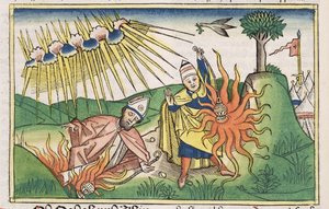 Mooseksen kirja 10 1-2 Nadab ja Abihu uhraavat epäpyhää tulta ja kuolevat, Nürnbergin Raamatusta (Biblia Sacra Germanaica) (värillinen puupiirros) tekijältä German School