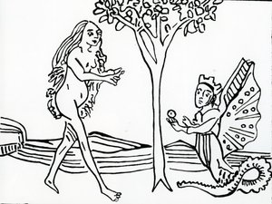 Lilith, siivekäs ja kruunu, käärmeenhännällä, tarjoaa omenan Eevalle 