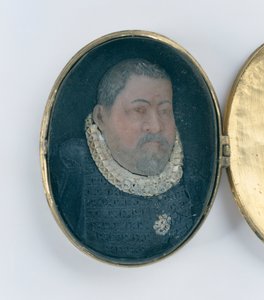 Medaljonki, jossa on vahaa sisältävä pienoismuotokuva Landgrave Wilhelm IV:stä (kullattua hopeaa ja vahaa) (yksityiskohdat 312102 ja 312135) tekijältä German School
