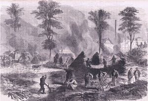 Hiilen valmistus ruutia varten, Cassells History of the War of the France ja Saksa, julkaisija Cassell and Company Limited, n. 1890 (litho) tekijältä German School