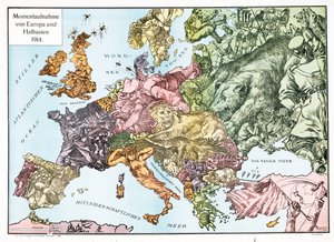 Kartta Euroopasta vuonna 1914, julkaisu 1915 (värilitografia) tekijältä German School