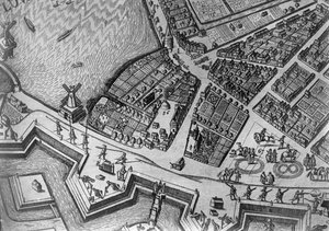 Hampurin kartta, jossa näkyy sen ensimmäinen oopperatalo, 1690