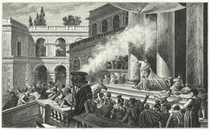 Mark Antony käynnistää mellakan puheessaan Julius Caesarin hautajaisissa, 44 eKr. (kaiverrus) tekijältä German School