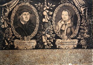 Martti Luther ja hänen vaimonsa Katharina von Bora (kaiverrus). tekijältä German School