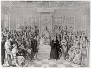 Martin Luther Kaarle V:n (1500-58) edessä Wormsin valtiopäivillä, 16. huhtikuuta 1521, Saksan historiasta tekijältä German School