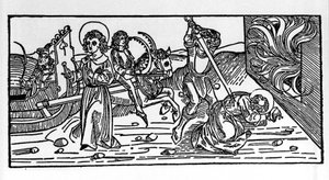 Pyhän Polykarpoksen Smyrnalaisen marttyyrikuolema (n. 69-155), eveque. Kaiverrus "Leben der Heiligen - Sommerteil (pyhimysten kirja)" Jacobus (James) Voragine (1228-1298) tekijältä German School