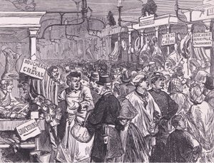 Lihamarkkinat Pariisissa, Cassells, Ranskan ja Saksan välisen sodan historia, julkaisija Cassell and Company Limited, n. 1890 (litho) tekijältä German School