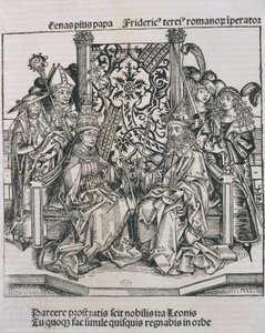 Paavi Pius II:n ja Saksan keisarin Fredrik III:n tapaaminen (kaiverrus) tekijältä German School