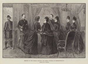 Saksan keisarinnan ja kuningatar Victorian tapaaminen Charlottenburgissa (kaiverrus) tekijältä German School