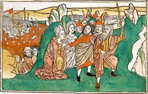 Mooses Punaisessa meressä, kohtaus Nürnbergin Raamattuun, saksaksi kirjoitettu. tekijältä German School