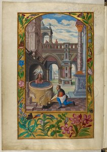Ms Harley 3469, f.21v Mies kylpemässä sisäpihalla, Seitsemäs vertaus, Salomon Trismosinin Splendor Solisista tekijältä German School