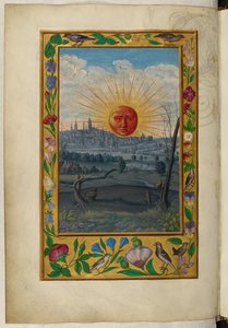 Ms Harley 3469, f.33v Aurinko ihmisen kasvot nousemassa, viides traktaatti, Salomon Trismosinin Splendor Solisista tekijältä German School