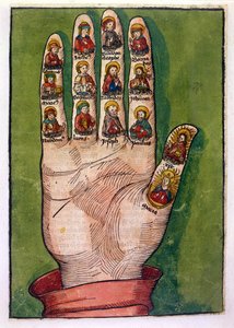 Ruotsin Bridgetan mystinen käsi, joka kuvaa Kristusta, Neitsyt Mariaa, apostoleja ja muita, 1491 (käsinvärinen kaiverrus) tekijältä German School