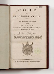 Napoleonin siviiliprosessilainsäädäntö Reinin vasemman rannan Ranskan departementeille, avoinna otsikkosivulla, Koln, 1809 (painettu paperi) tekijältä German School