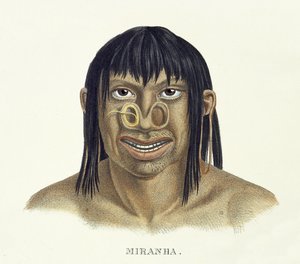 Miranha-heimon syntyperäinen mies, nenäkoristelu, Johann Baptist von Spixin (1781-1826) ja Karl Friedrich Philipp Martiuksen (1794-1868) Atlas of a Journey in Brazil, julkaistu n. 1835-1850 (col) tekijältä German School
