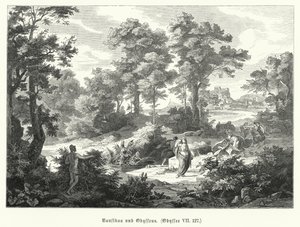 Nausicaa ja Odysseus, kohtaus Homeroksen Odysseiasta (kaiverrus) tekijältä German School