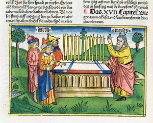 Numerot 17 1-11 Aaronin sauva kukkii alttarilla, Nürnbergin Raamatusta (Biblia Sacra Germanaica) (värillinen puupiirros) tekijältä German School