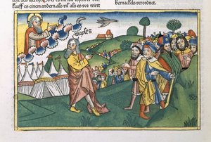 Numerot 1 1-20 Valmistautuminen matkalle Siinain vuorelta, Nürnbergin Raamatusta (Biblia Sacra Germanaica) (värillinen puupiirros) tekijältä German School