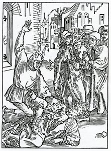 Amytein ja frendshypin brekynge ja hurtynge, kuvitus Alexander Barclayn englanninkielisestä käännöksestä "The Ship of Fools" vuonna 1874 julkaistusta painoksesta tekijältä German School