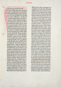 Ensimmäinen Mooseksen kirja Gutenbergin Raamatusta, painettu Johannes Gutenberg (n. 1400-68) ja Peter Schoeffer (1425-1502) Mainzissa, 1454-56 (painettu paperi) tekijältä German School