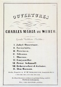 Sivu, jossa esitellään Carl Maria von Weberin (litho) alkusoittoja eri oopperoista tekijältä German School