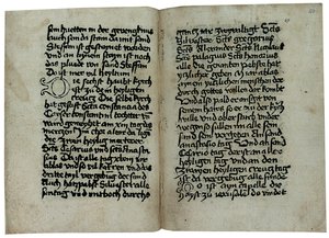 Sivuja saksankielisestä kopiosta Pseudo-Aegidius Romanuksen teoksesta "Mirabilia of Rome, Historia ja kuvaus Rooman kaupungista", mahdollisesti Ulrich Han, Rooma, n. 1475 tekijältä German School