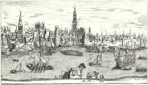 Panorama Antwerpenistä 1500-luvun alussa (kaiverrus) tekijältä German School