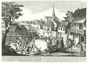 Talonpojat hyökkäämässä Jacques Charlesin ja Robert Brothersin ilmapalloa vastaan sen putoamisen jälkeen Gonessessa, 27. elokuuta 1783 (kaiverrus) tekijältä German School