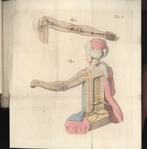 Levy V, julkaisusta Tietoja herra von Kempelenin shakinpelaajasta ja hänen kopiostaan, julkaisija Joseph Friedrich Freiherr von Racknitz, Leipzig ja Dresden: Joh. Gottl. Breitkopf, 1789 (värikaiverrus tekijältä German School